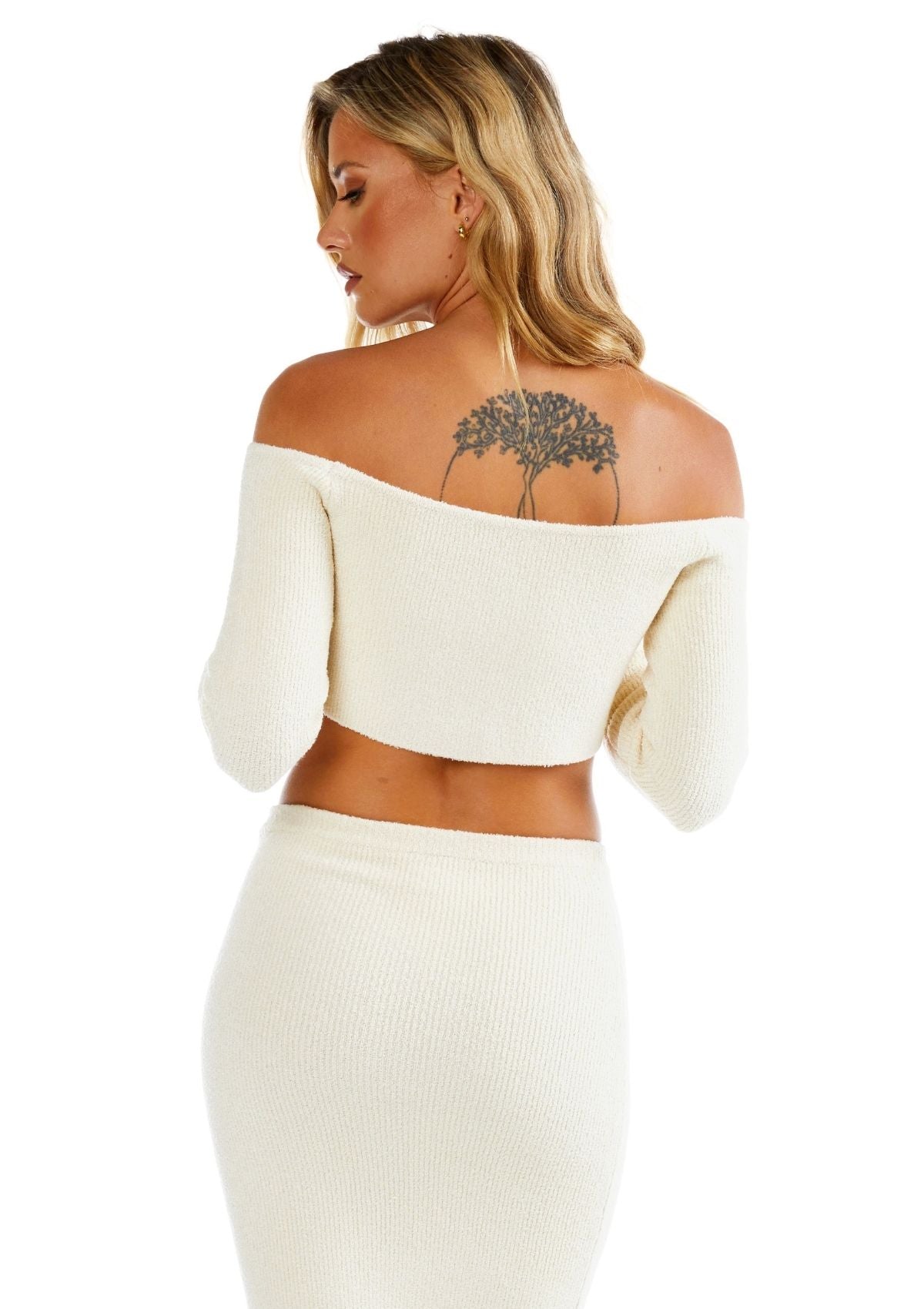 Stacey Long Sleeve Off Shoulder Knit Top Off White Fitted