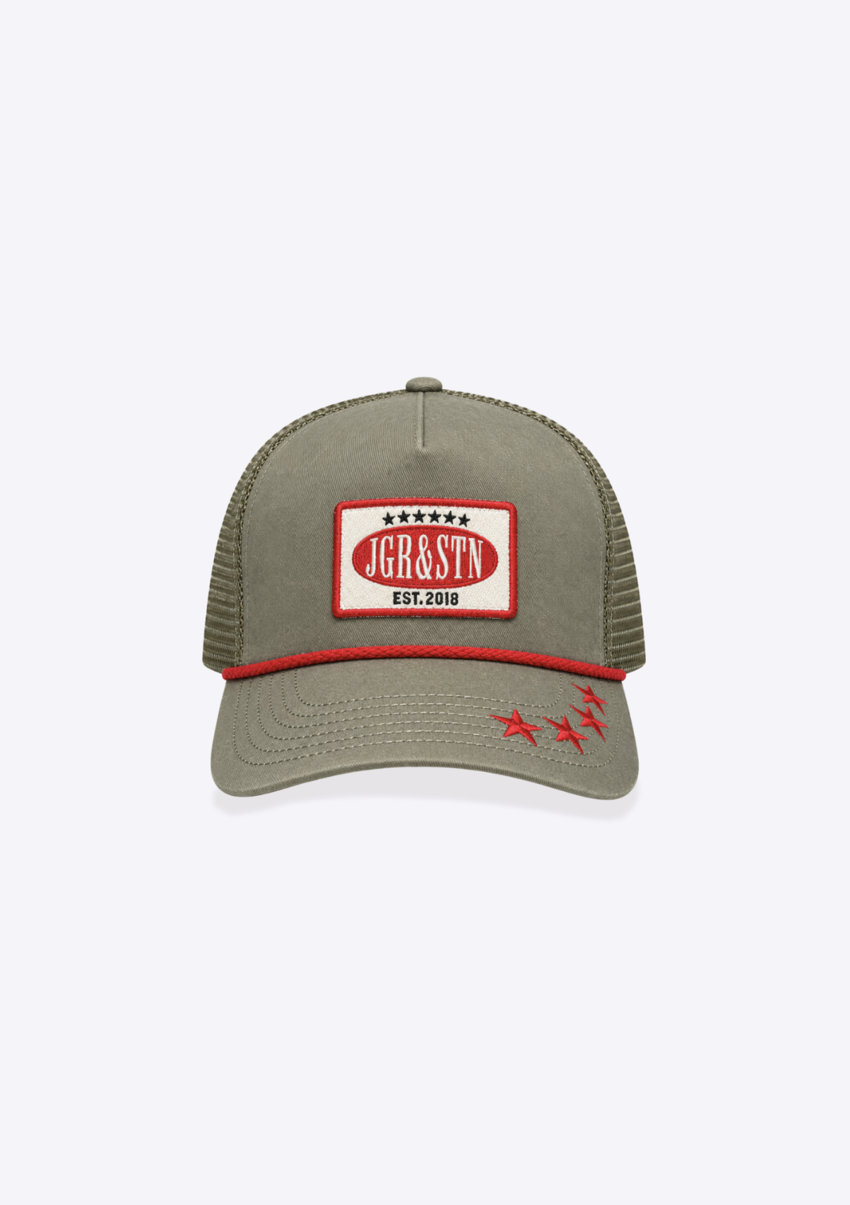 Red trucker hat – Jagger & Stone Redstar Trucker Hat, with trucker style with mesh back and branded centre front patch