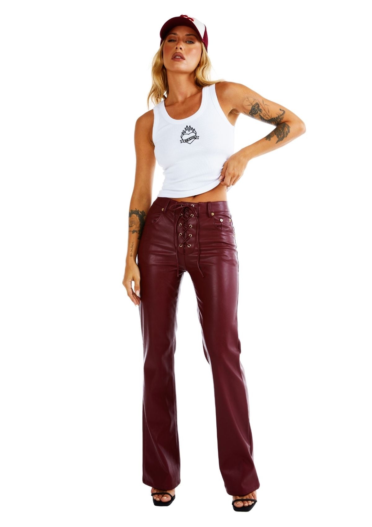 Womens Lace Up Flare Brown Leather Pant