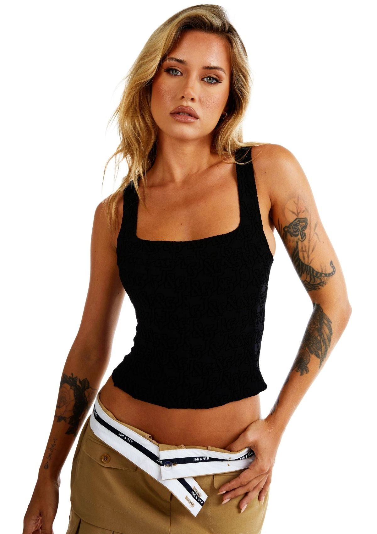Abbey Corset Womens Black Corset Sheer Monogram Print Top