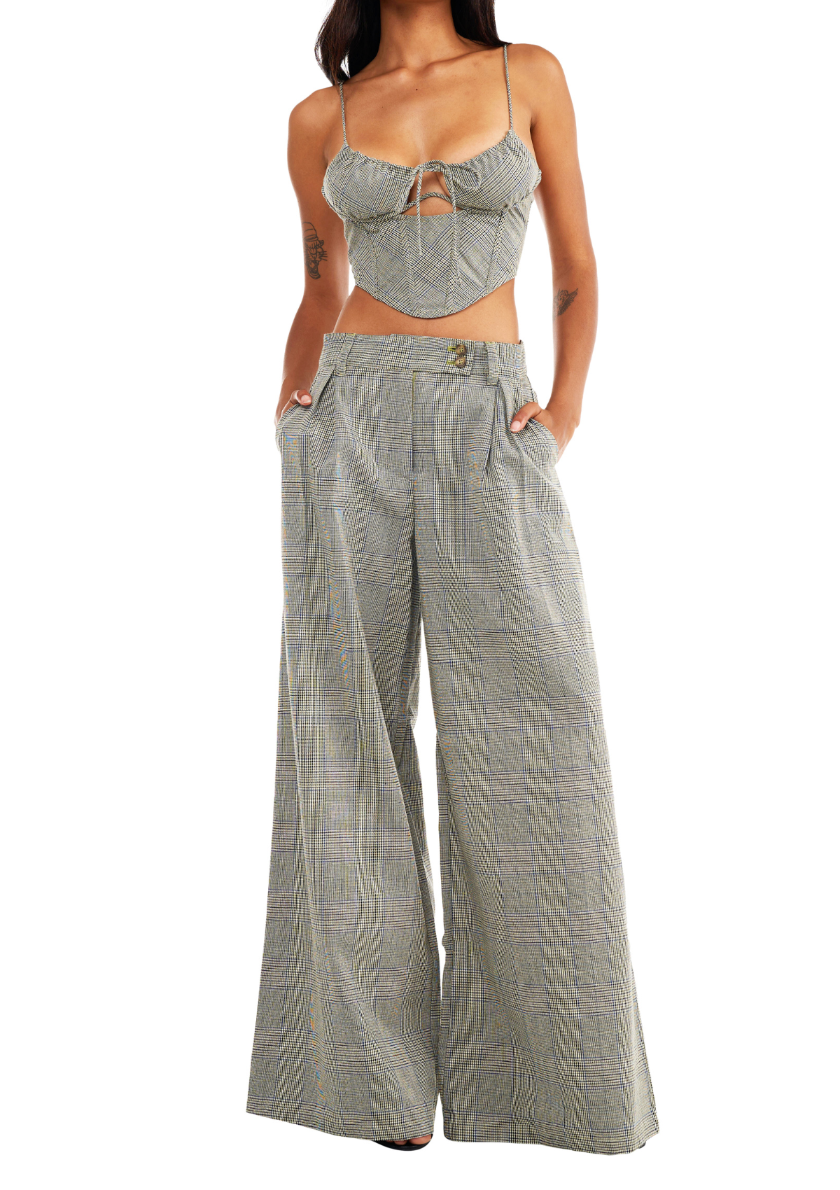 Samara Trouser Womens Check Tartan Plaid Print Full Length Low Rise Wide Leg Pants Tan and Grey