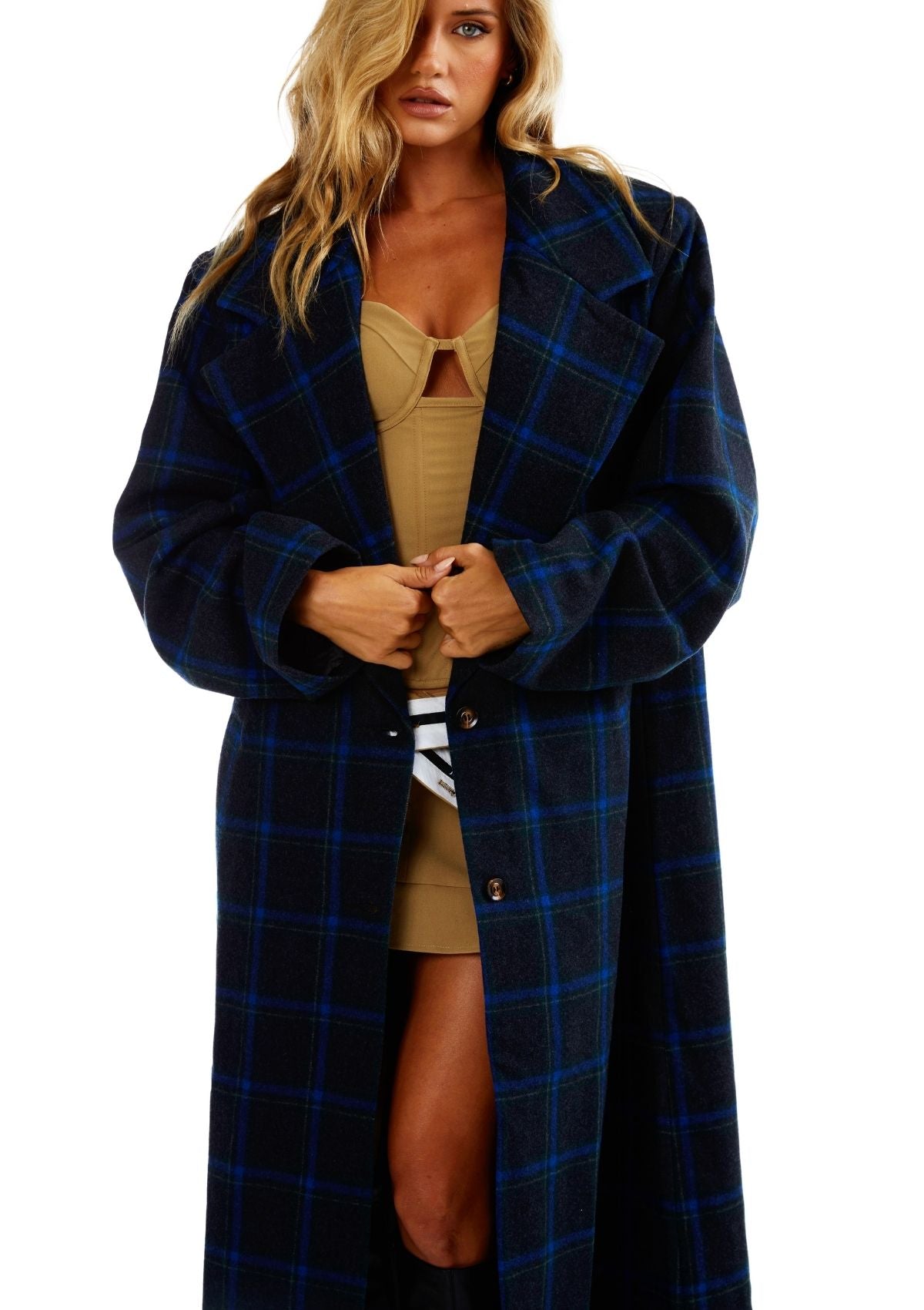 Stacey Coat Blue Check Womens Checkered Coat Blue and Black
