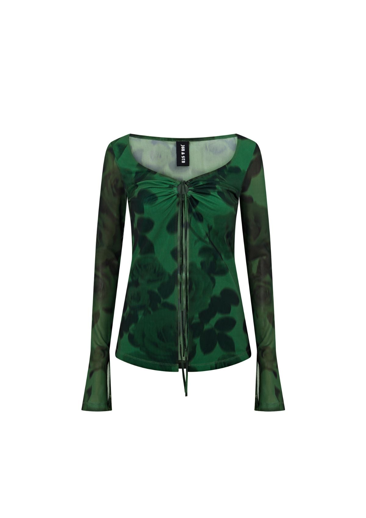 Thorne Long Sleeve Top Bell Sleeve Mesh Fitted Tie Up Green and Black Floral Top